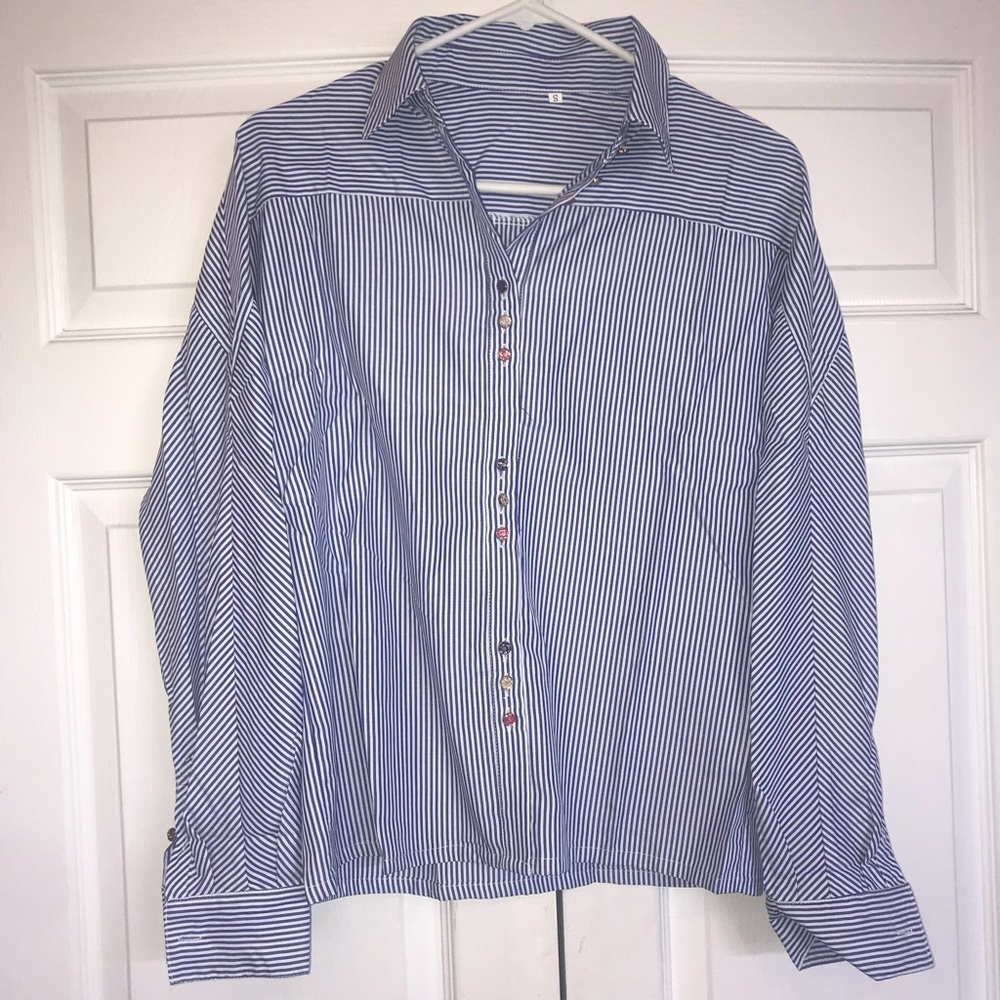 navy pin stripe button up